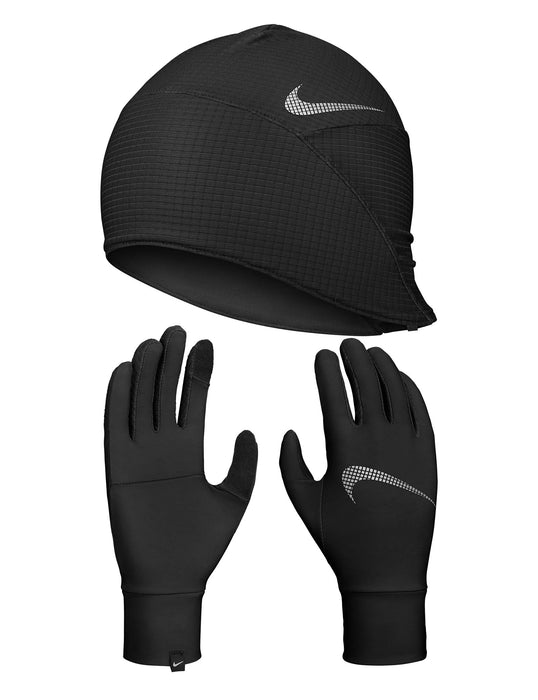 Men's Dri-Fit Lightweight Essential Fleece Hat and Glove Set (082- Black/Reflective Silver)